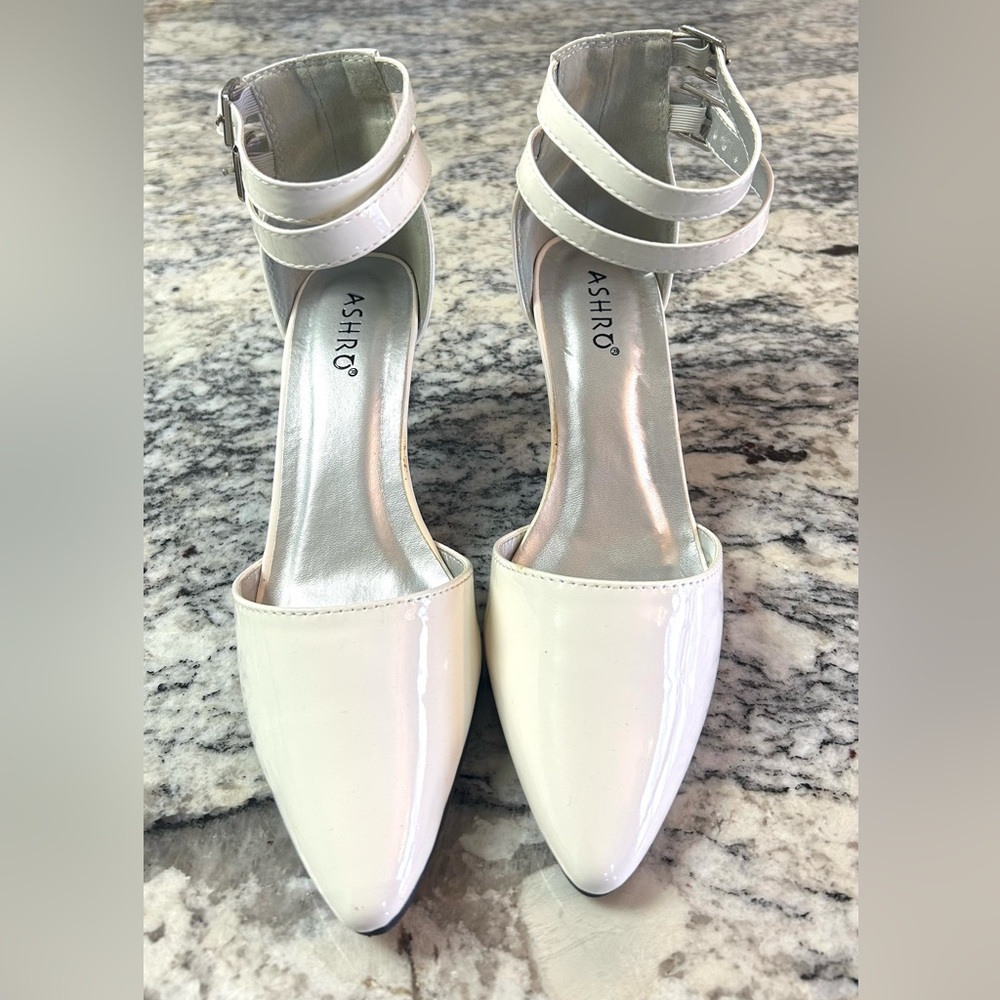 Ashro White Patent Pump with Double-Ankle Strap Heels New!